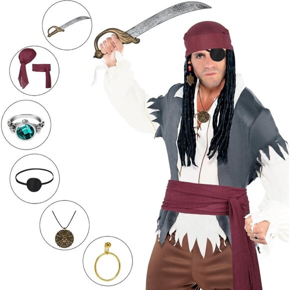 Pirate Costume Accessories Set Women Men Includes Bandana Belt Mask Jewelry